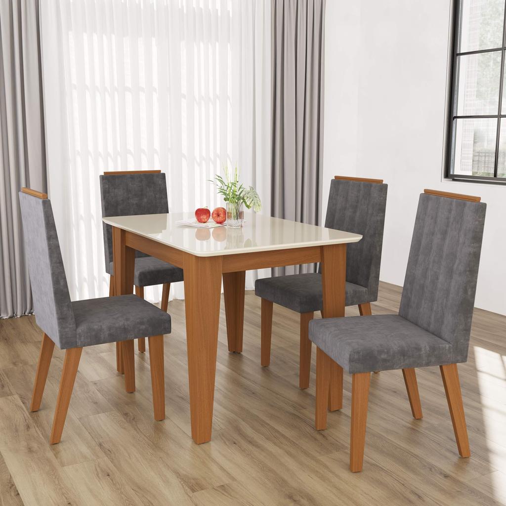 Conjunto Sala de Jantar Fidelitá Génova Mesa Tampo de Vidro Com 4 Cadeiras Freijó/Off-White Assento Titânio