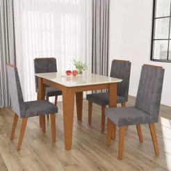Conjunto Sala de Jantar Fidelitá Génova Mesa Tampo de Vidro Com 4 Cadeiras Freijó/Off-White Assento Titânio