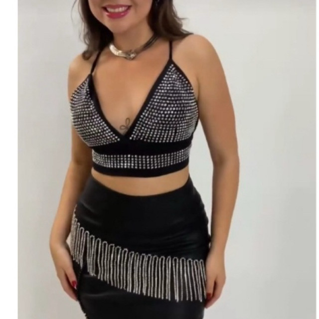 Cropped Camiseta Regata Top Pedraria Strass Brilho Balada Festa Promoção Mais Vendido