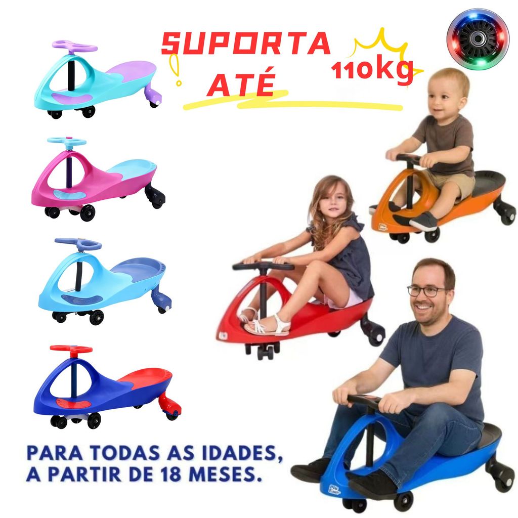 Carrinho de rolimã com Volante Giratório 360° - Rodas Silenciosas com LED - Segura, Anti-Volta