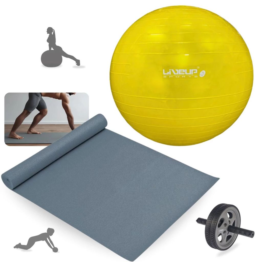 Kit Pilates - Bola Suíça Amarela 75cm + Colchonete Cinza 1,73m + Roda Abdominal + Bomba de Inflar