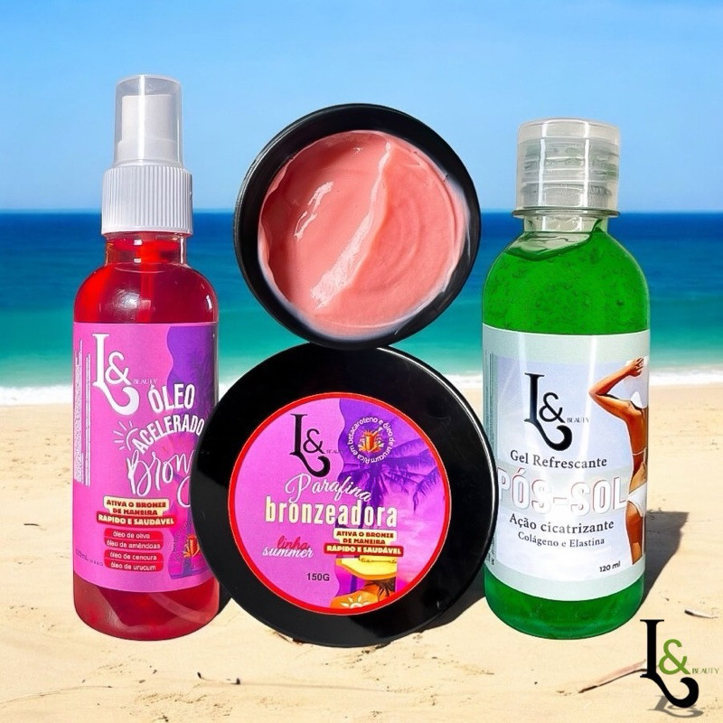 Kit Bronzeador + Parafina Aceleradora Marquinha De Fita Biquíni +Pós sol Cicatrizante - L&BEAUTY