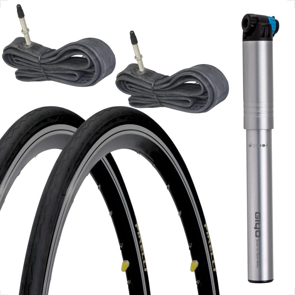 Par Pneu Bicicleta Pirelli Tornado Alfa 700 X 25 Camaras Bico fino 60mm Bombinha de ar Giyo 120psi