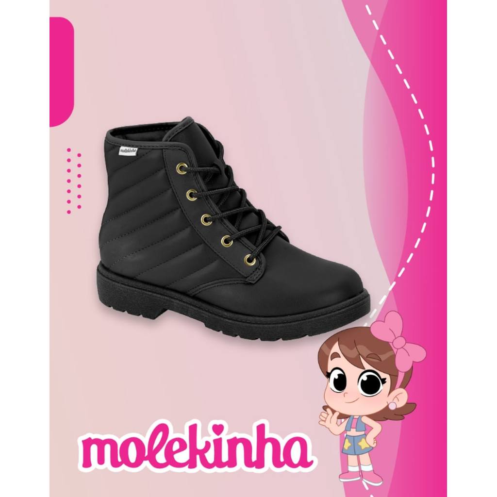 Bota infantil molekinha coturno menina conforto tratorada juvenil cano baixo ajustavel antiderrapante estilosa cadarço