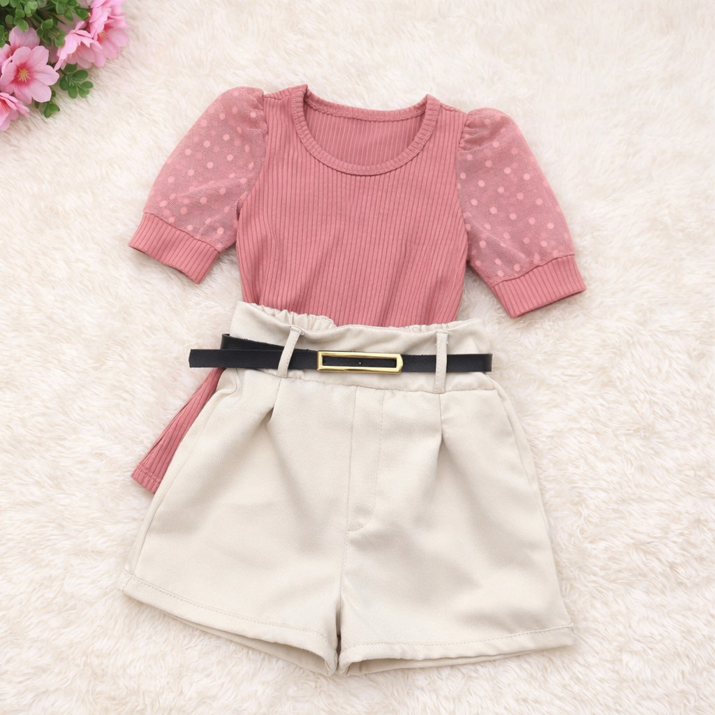 Conjunto de menina blusa + short e cinto infantil primavera verão em Oferta na Shopee