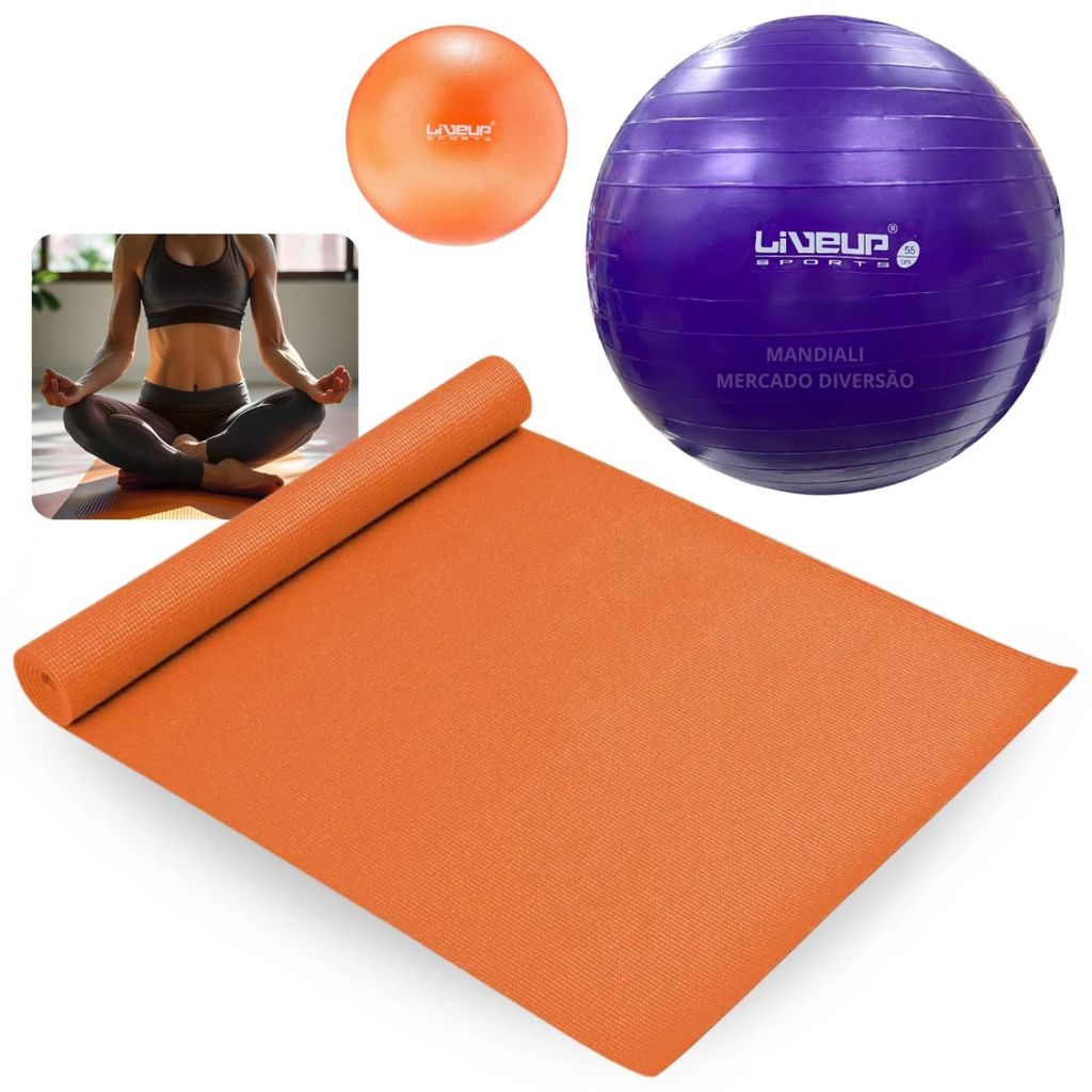 Kit Pilates Yoga: Colchonete Laranja 1,73m + Bola Suiça 55cm + Overball Mini Bola 25cm