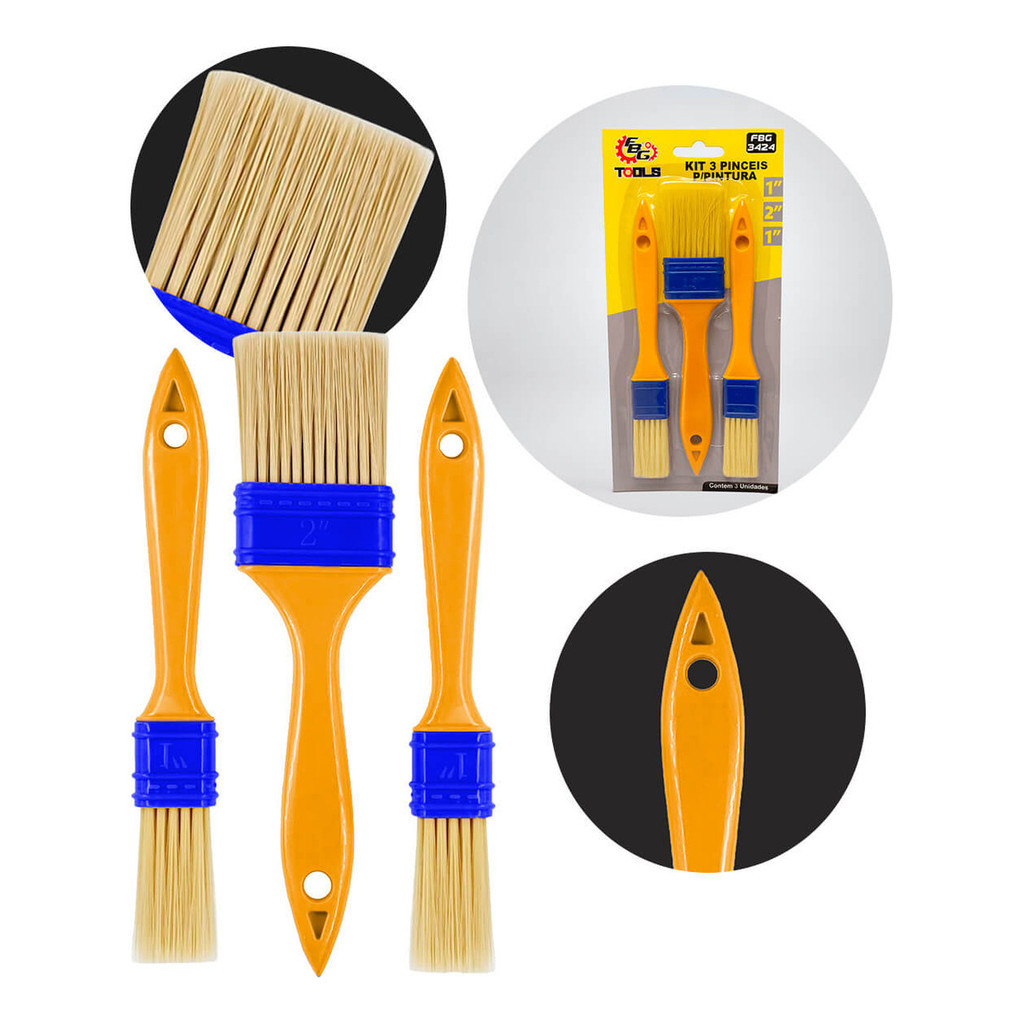 Kit 3 Pinceis Para Pintura 1 E 2 Polegadas Mais Cerdas