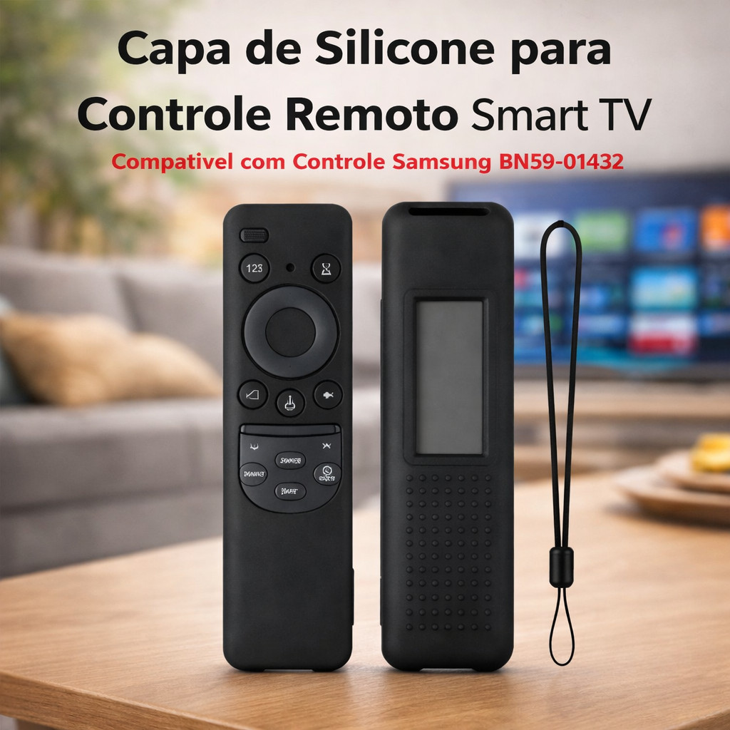 Capa de Silicone Preta para Controle Samsung BN59-01432 com Alça de Segurança Proteção Contra Quedas