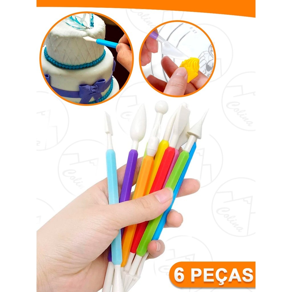 Kit 6 Estecas Confeitaria Modelagem Pasta Americana Coloridos 16CM Coloridos Salte Oficial