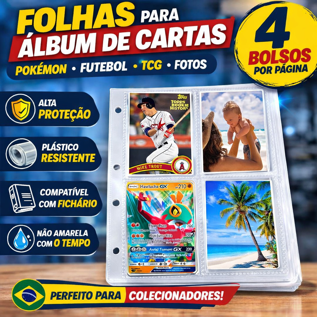 Fichário de Cards Pokémon, Magic, Yugioh – 50, 20 ou 10 Folhas, 3 Furos, 4 Bolsos para Armazenamento de Card Games