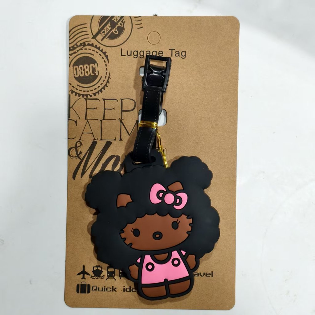Etiqueta de bagagem fofa indispensável para viagem Novo estilo de couro preto KT Cat Hello Kitty Etiqueta de bagagem OMK