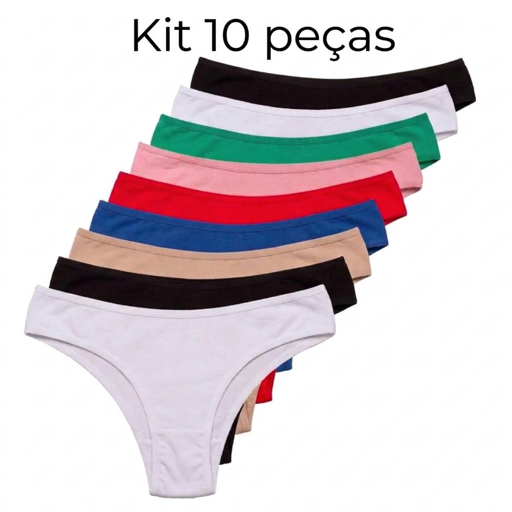 Kit 10-5 Calcinha Lisa  Confortável 100% Algodão Feminina Lingerie Mulher Dia a Dia Cores Lisas Cintura Alta