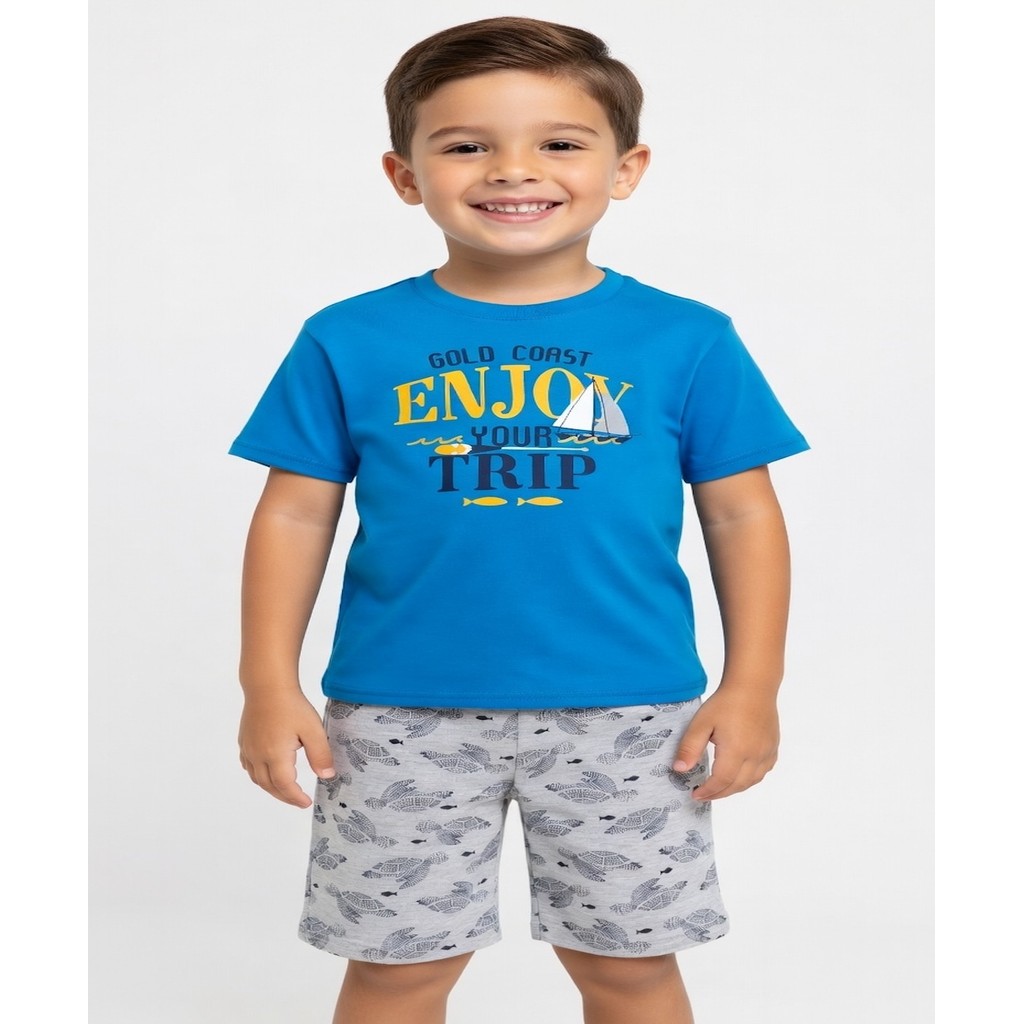 Conjunto Infantil Menino PIPA Camiseta Azul + Bermuda Estampada Tartaruga–Roupa Infantil Confortável