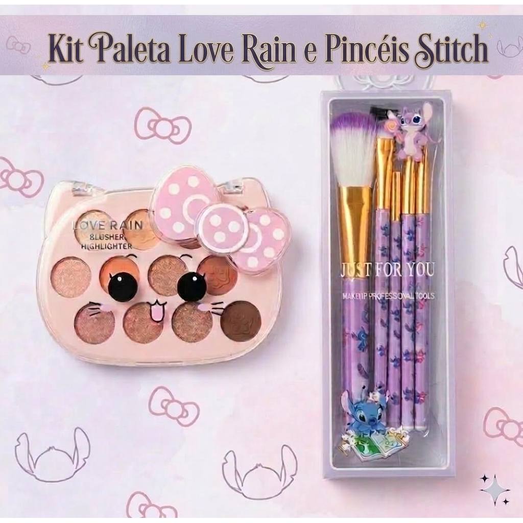 Kit Maquiagem Infantil Paleta Love Rain + Kit 5 Pincéis Stitch - Presente Menina Completo Criança