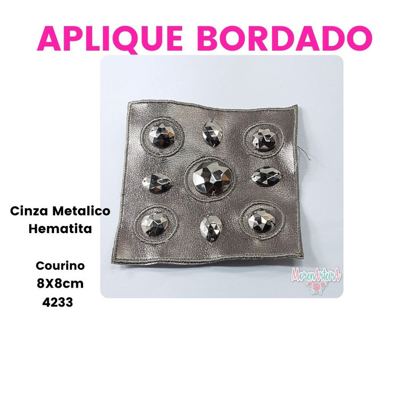 Aplique Courino Chaton Cinza Metálico Hematita 8x8cm Bordado Blusas Bolsa Calças Camisas Vestidos   4233 129Q2