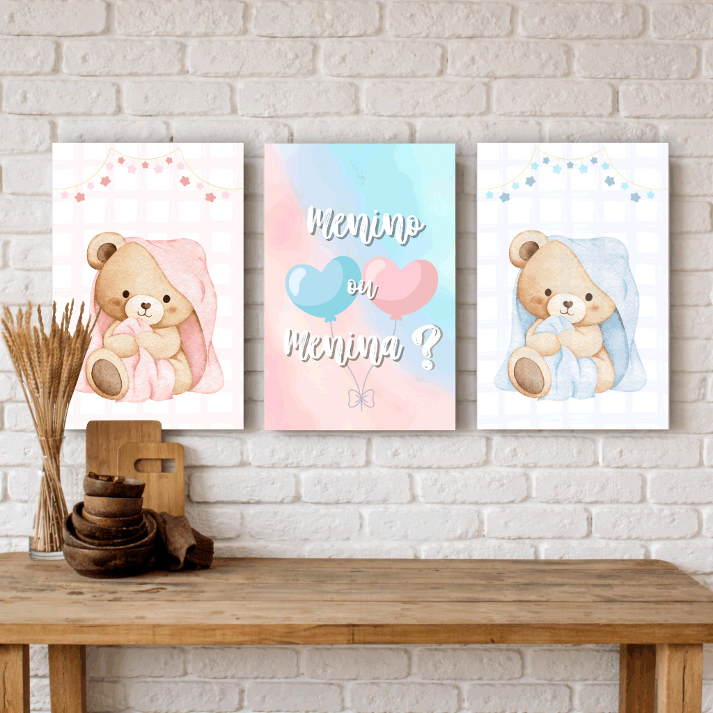 Quadro decorativo chá revelação ursinhos rosa azul menino ou menina decoração para festa gravidez