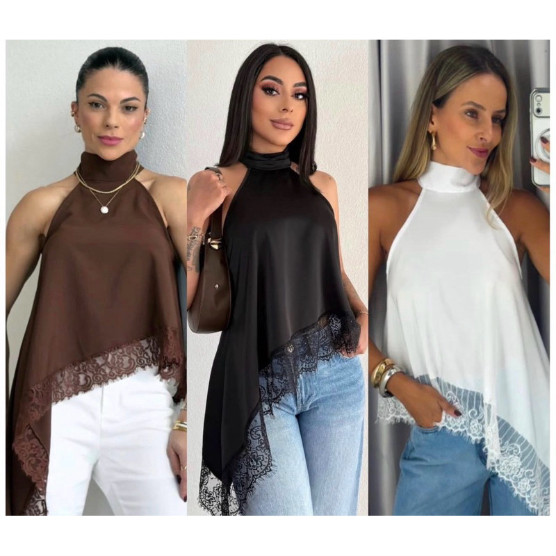 Bata Assimétrica com Renda Bata Poliamida moda