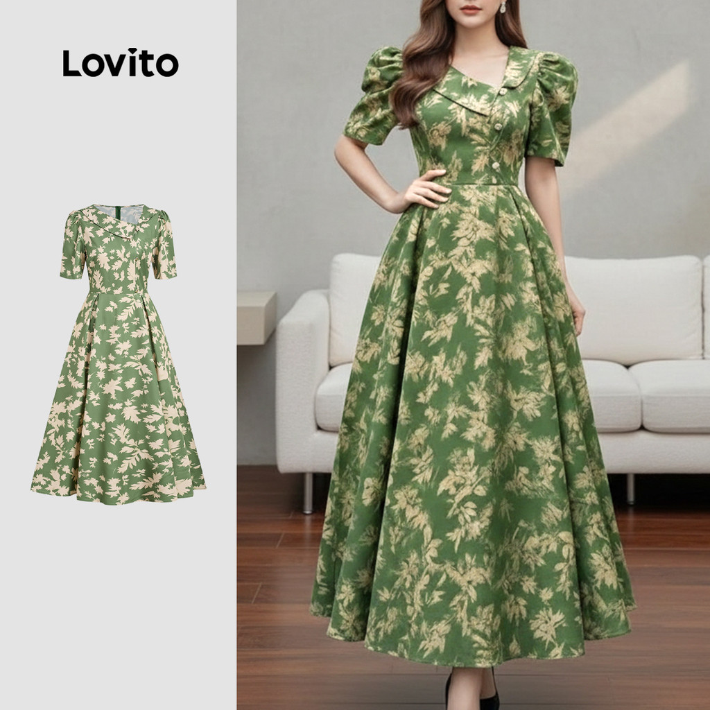 Lovito Elegante Vestido Verde com Botões e Zíper para Primavera/verão para Mulhe