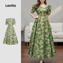 Lovito Elegante Vestido Verde com Botões e Zíper para Primavera/verão para Mulheres LBL33128