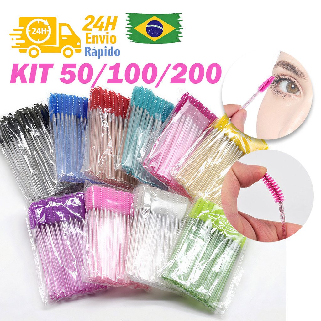 Kit Escova Cílios Descartável 50 100 200 Unidades Uso Profissional Maquiagem Sobrancelha