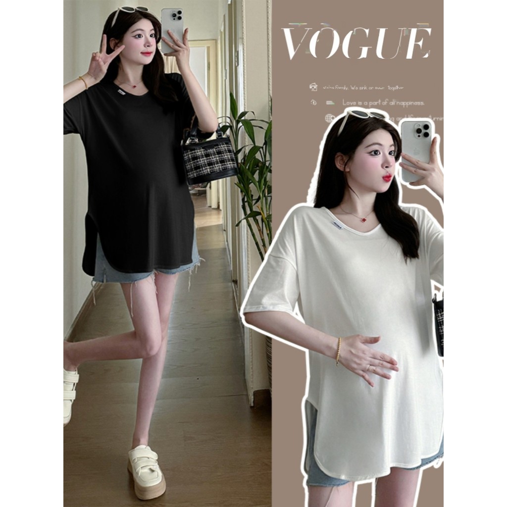 Roupa de maternidade verão estilo fino cor sólida com decote em V manga curta camiseta verão mãe grávida topo de comprim