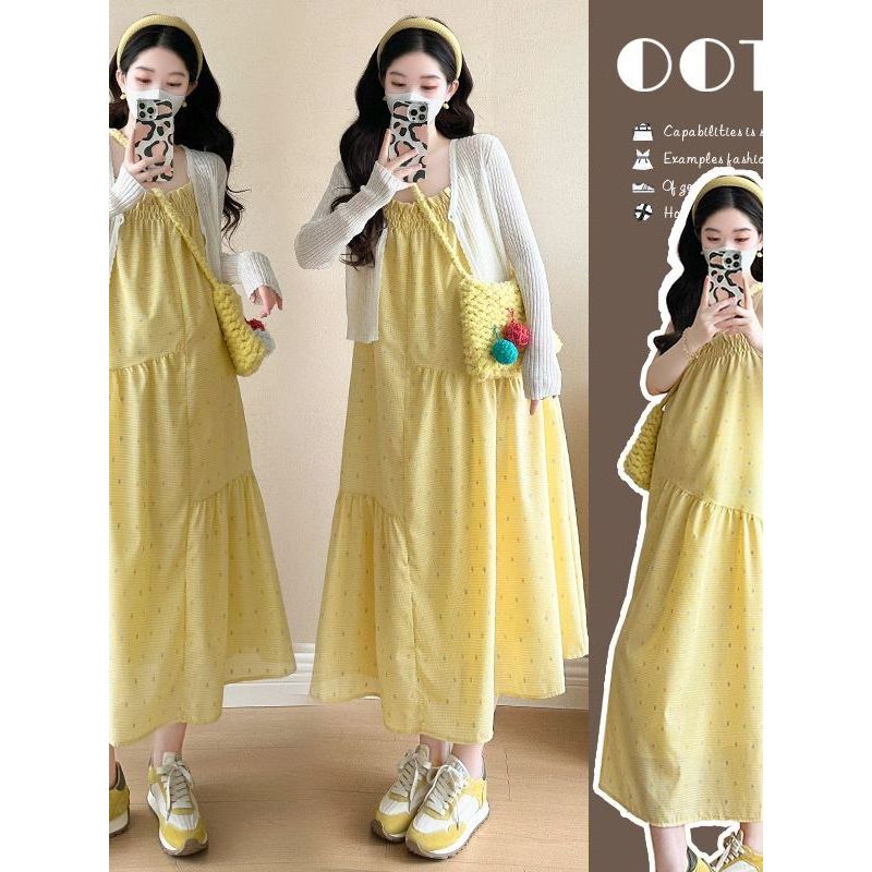 Roupa de maternidade doce estilo suave francês vestido de bolinhas amarelas feminino Cardigan terno estilo dopamina roup