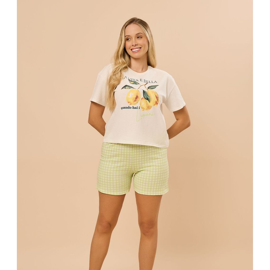 Pijama Feminino Manga Curta Meia Malha Evanilda Bege