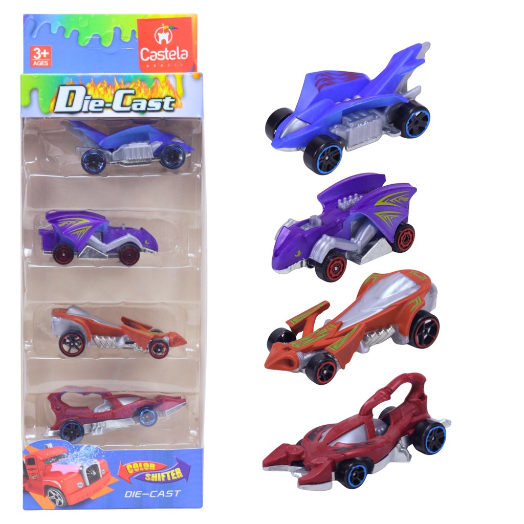 Pack 4 Carrinhos Miniatura metal 1:64 Die Cast Color Shifter - Castela