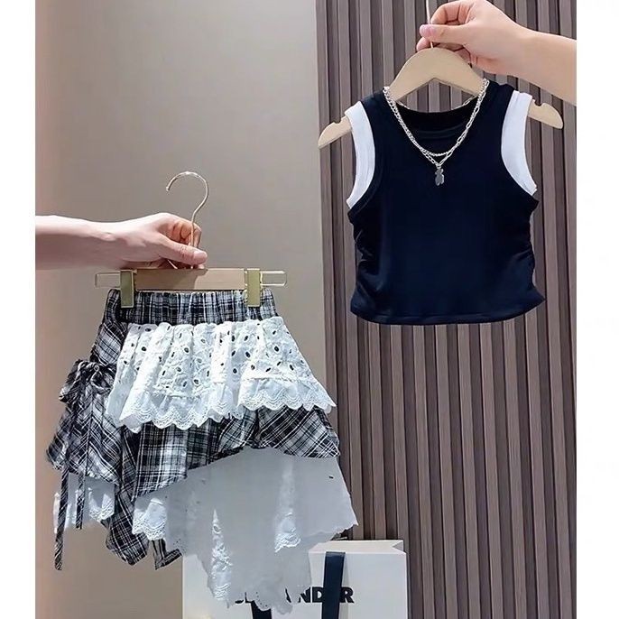 Meninas moda Irregular saia curta terno médio grande crianças frito rua saia de manga curta dois conjuntos na moda#女童时髦不