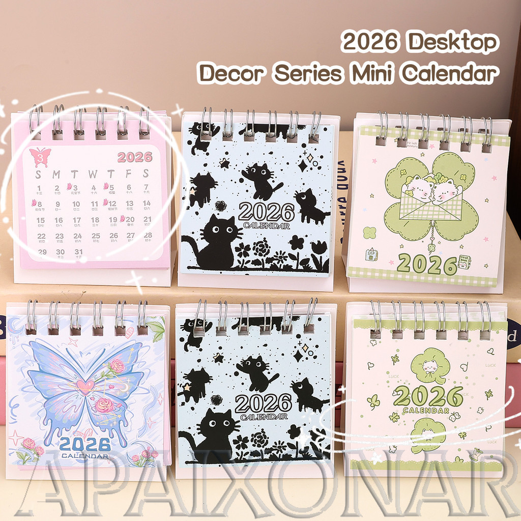 [Entrega Rápida] Mini Calendário De Papel Durável 2026 | Planejador De Mesa Fofo De Desenho Animado Com Borboleta/Tinta