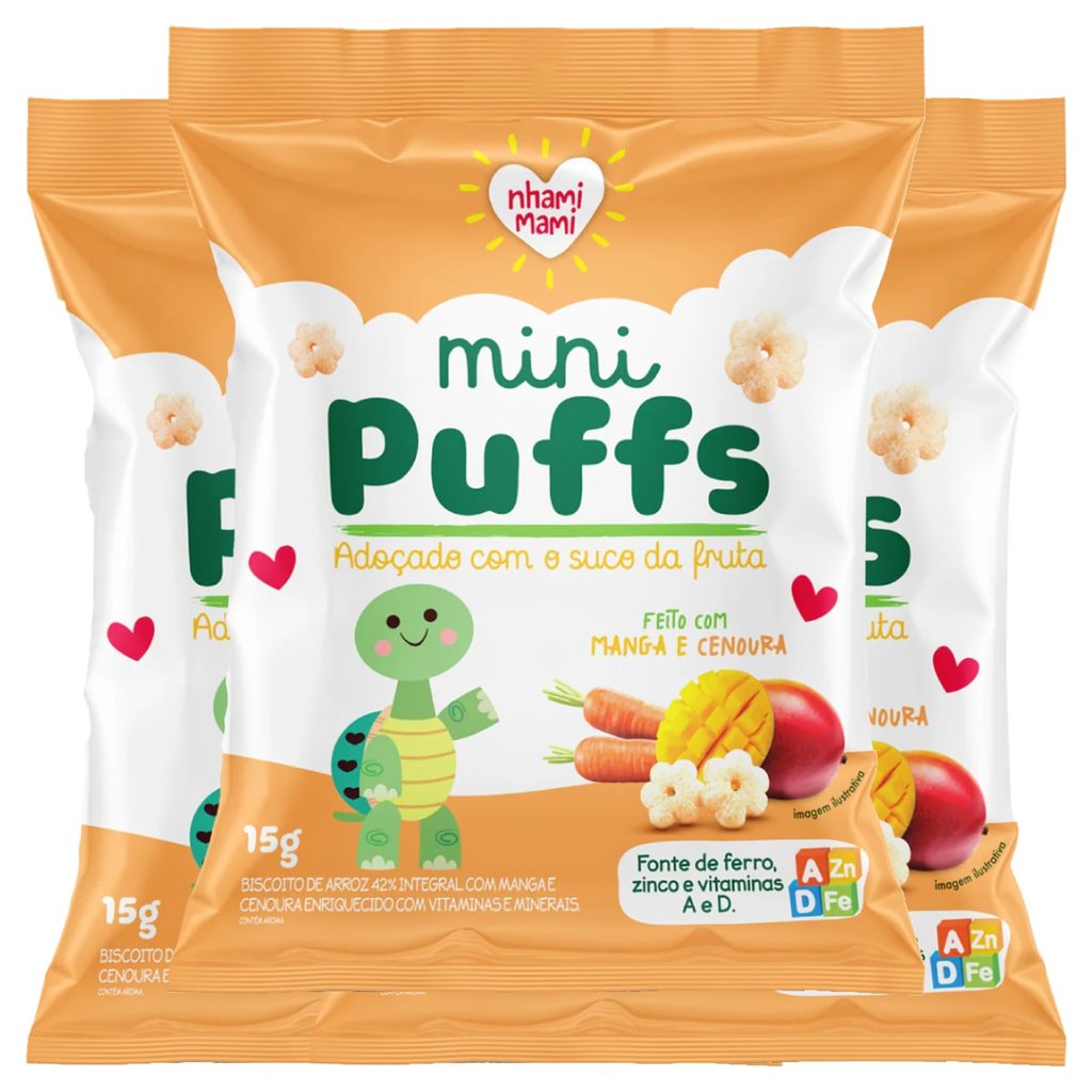 Biscoito de Arroz Mini Puffs Manga e Cenoura Zero Glúten, Integral Nhami Mami contendo 3 unidades de 15g