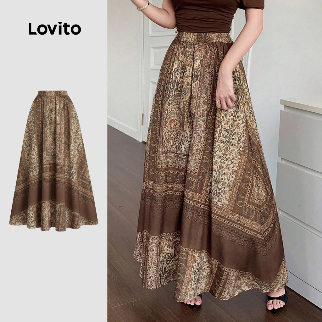 Lovito Saias Boho plissadas saias primavera/verão para mulheres LK3LD372 em Oferta na Shopee