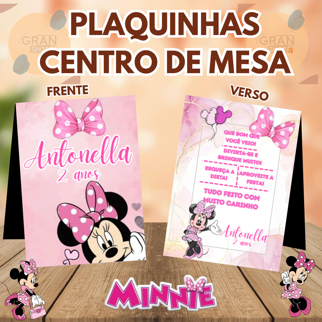 Plaquinha de Agradecimento Minnie Rosa Minei Centro de Mesa Para Cha Revelaçao,Casamento e Aniversario Infantil