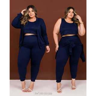 Conjunto Feminino Plus Size 3 Peças Casaco Sobretudo Calça Inverno