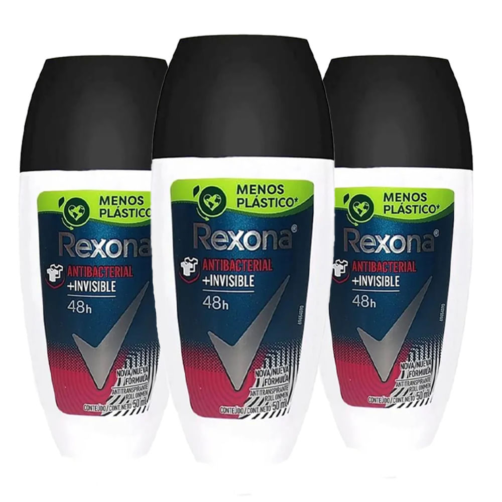 Kit Desodorante Roll On Rexona Men Antibacterial Invisible 50ml - 3 Unidades em Oferta na Shopee