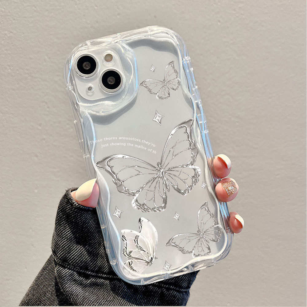 Capa Capinha Para iPhone 17 Air 16 15 14 Plus 13 12 11 Pro Max XR Silicone Transparente com Borboleta Prata Caso FA184
