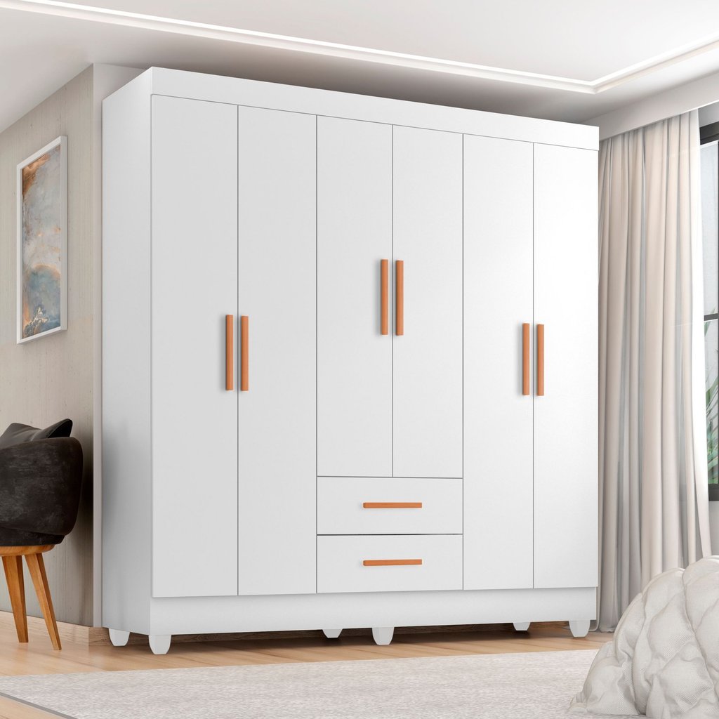Guarda Roupa Casal 6 Portas 2 Gavetas com Pés Lite Branco Brilho em Oferta na Shopee