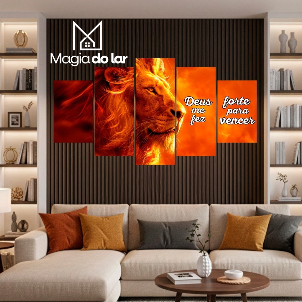 Kit 5 Peças Quadro Decorativo Leão Religioso Frase Motivacional Deus Me Fez Forte Sala Quarto Escritório Parede Moderno