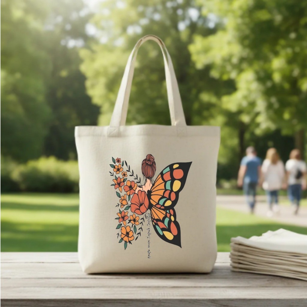 Ecobag Com Alça Borboleta Florida Bolsa em Algodão Cru em Oferta na Shopee