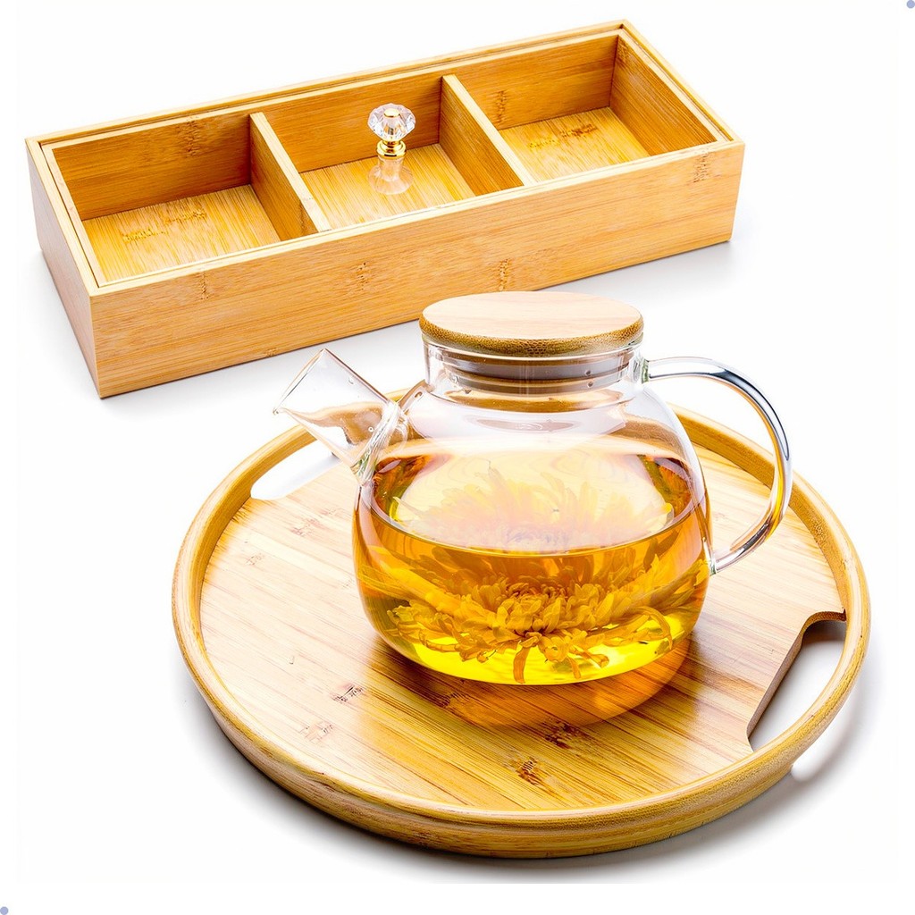 CONJUNTO PARA CHÁ: bule (VAI AO FOGO) 900ml, CAIXA p/ sachê 3 divisórias, BANDEJA BAMBU redonda 30cm