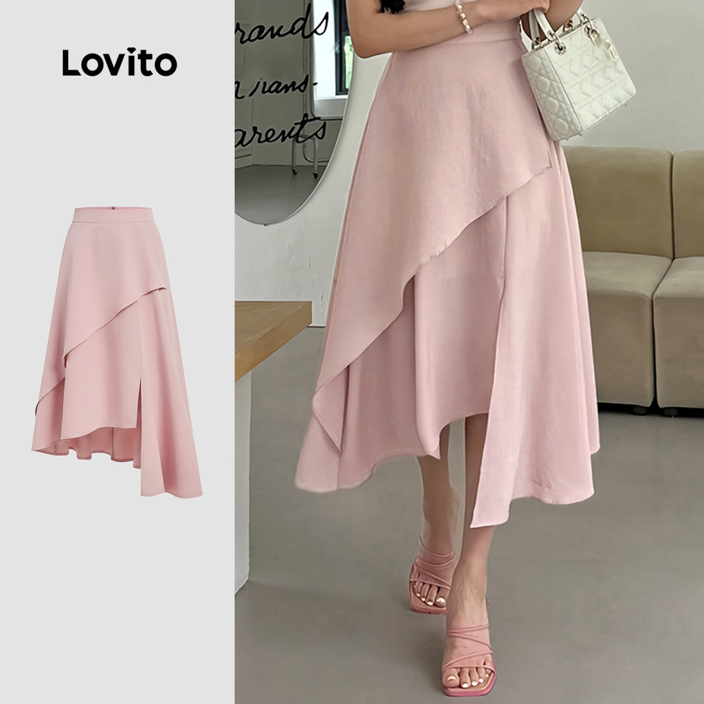 Lovito  Saias Elegantes Dupla Camada Assimétrica Rosa para Mulheres L171AD075 em Oferta na Shopee