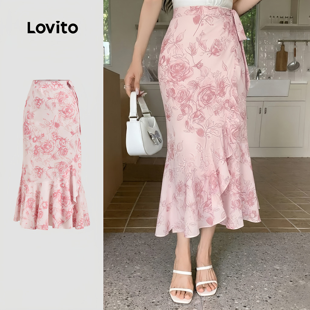 Lovito  Saias Boho com Amarração e Babados Na Barra para Primavera/verão, Saias Rosa para Mulheres L171ED250 em Oferta na Shopee