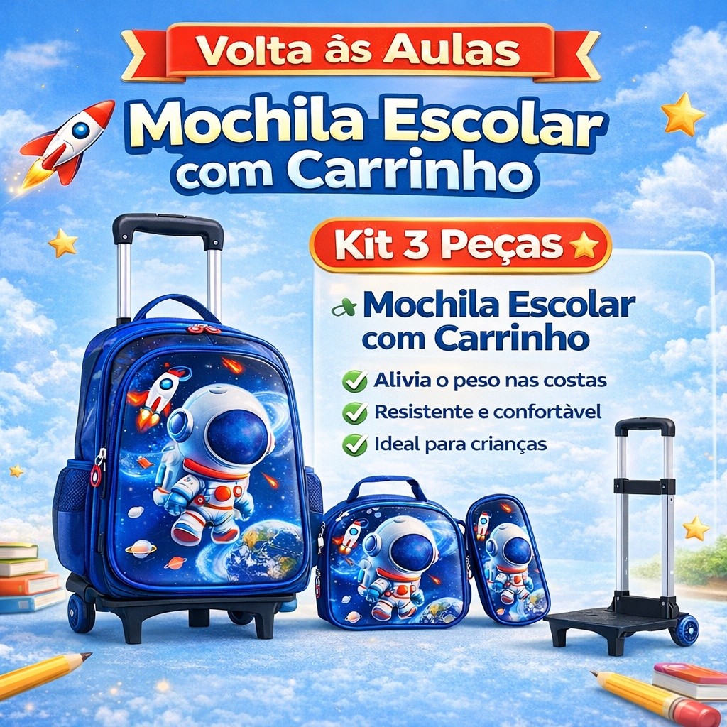 Mochila Escolar com Carrinho para Crianças Kit 3 Peças, Uso Diário Escolar