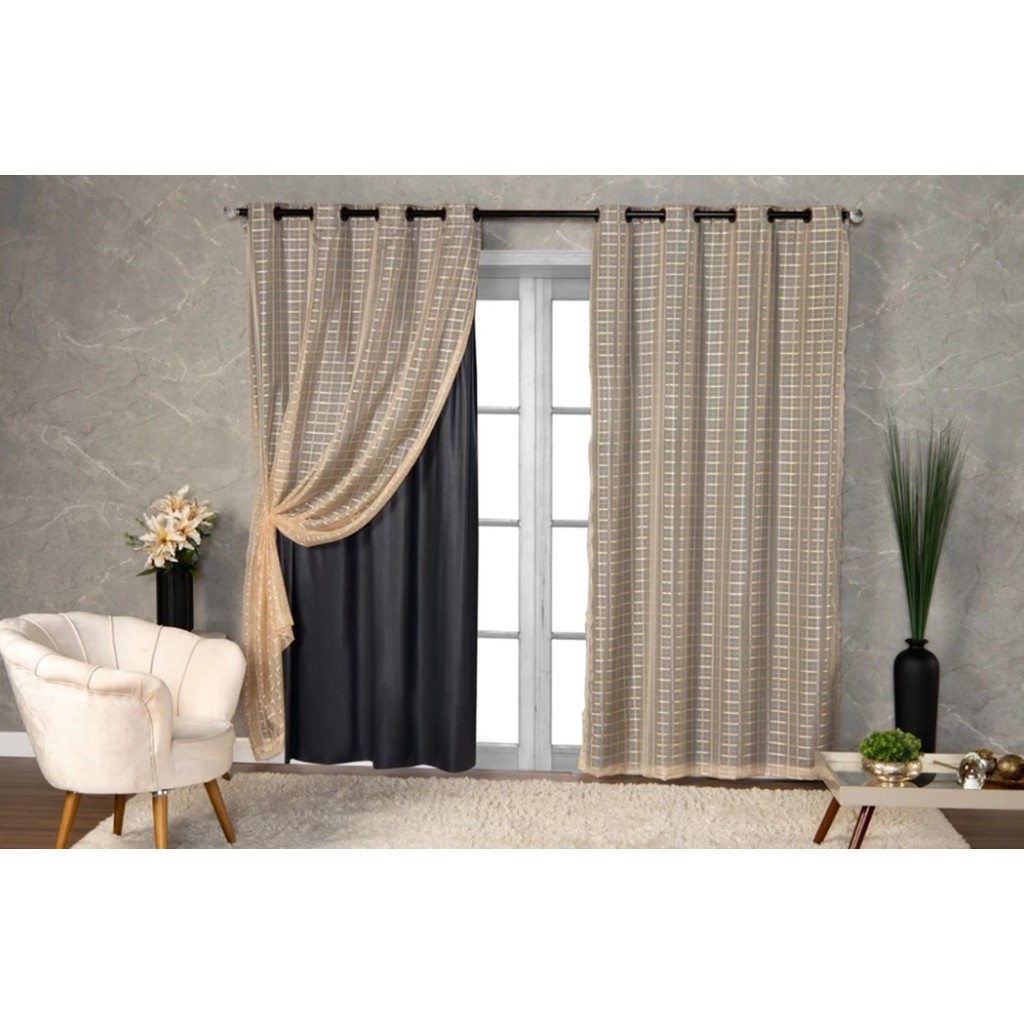 Cortina Blackout PVC C/Voil Xadrez 100% Blackout Fundo Preto Ideal Para Sala, Quarto, Porta, Janela