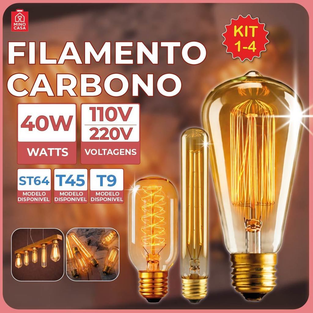 Lâmpada Filamento Carbono ST64 T45 T9 40W Luz Quente Âmbar E27 110V ou 220V em Oferta na Shopee
