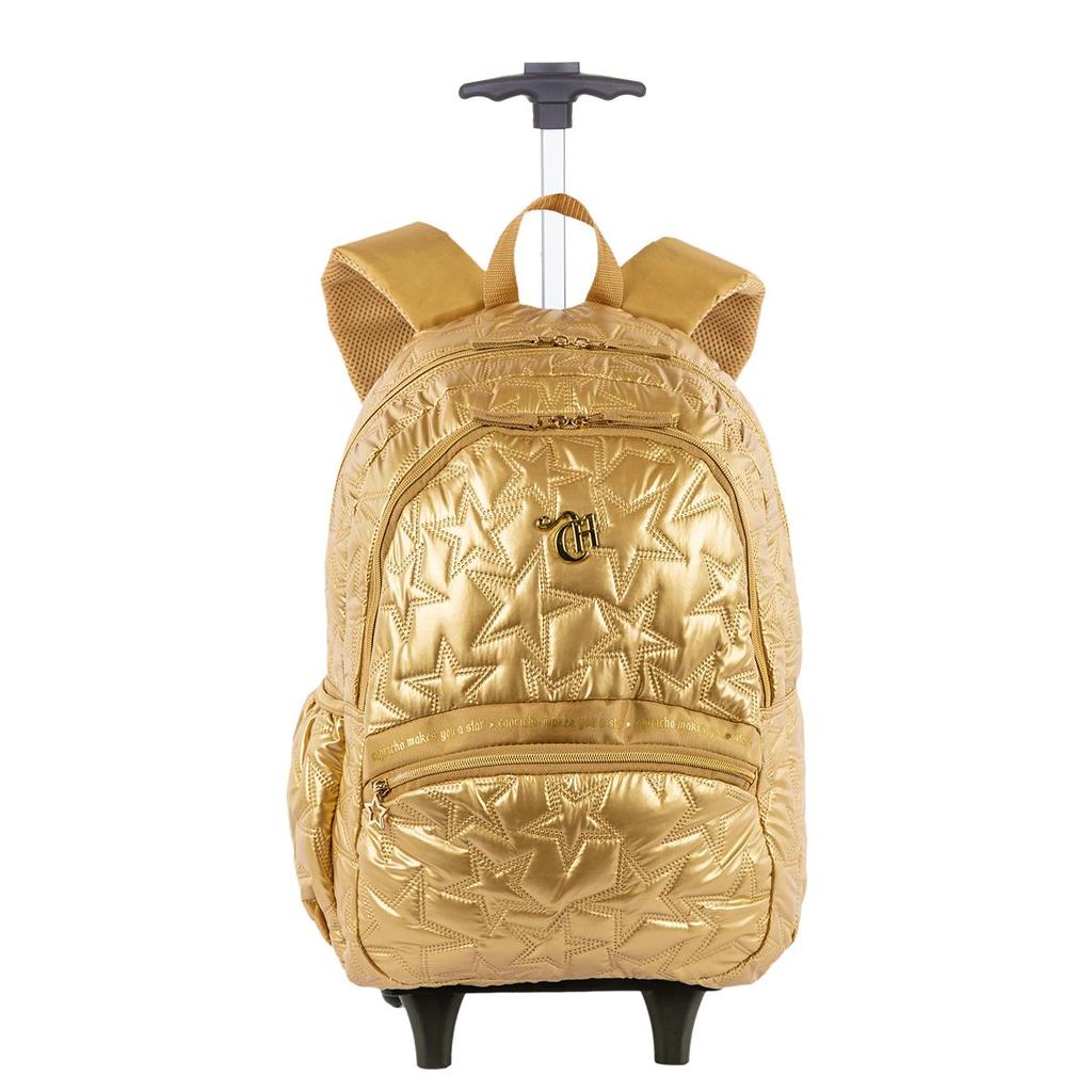 Kit Mochila Carrinho 2 Compartimentos com Lancheira Grande Capricho Estrelas - Dourado em Oferta na Shopee