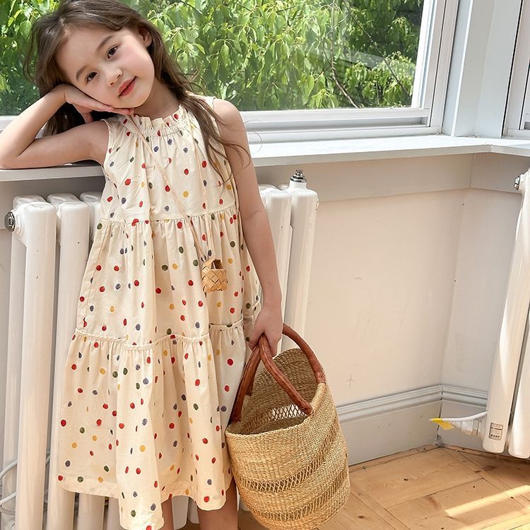 COD 2026 Vestido feminino verão Colorful vestido colete de bolinhas vestido de princesa fino vestido de praia menina sai