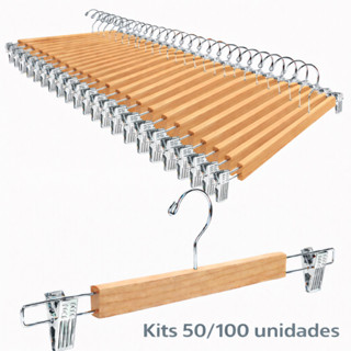 Kit 50/100 Cabides De Madeira Reto Presilha Prata em Oferta na Shopee