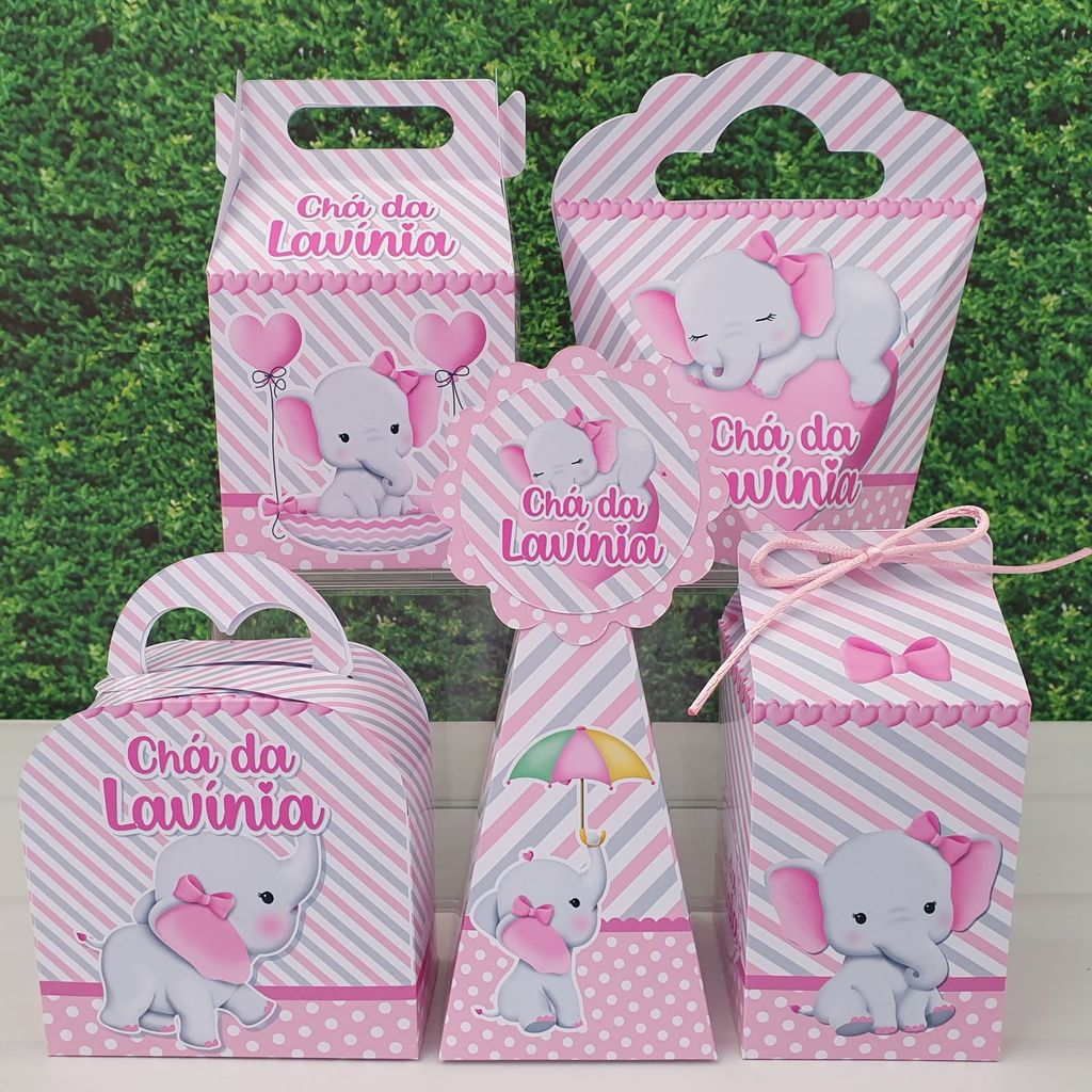 Kit Caixinhas Chá de Bebe Elefantinho Rosa -  Personalizadas Lembrancinhas de Festa Infantil