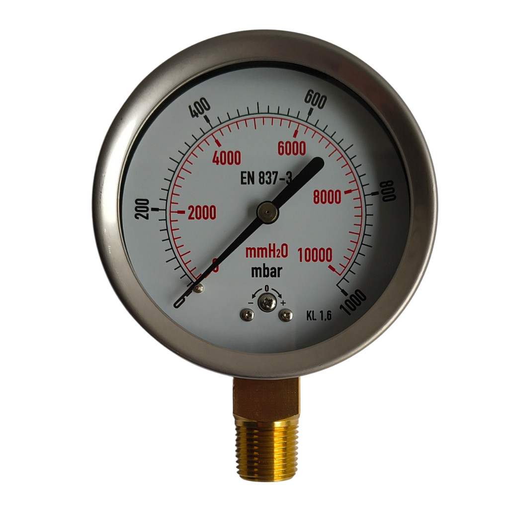 Manometro Cápsula Baixa Pressão Caixa Ø100 Saída Lateral Escala 1000 MBAR (0-10000) MMCA Aço Inox